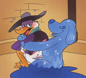anal anal_penetration arm_grab blush bodily_fluids duo from_behind_position male male/male penetration sex sweat water argon_vile darkwing_duck disney ducktales drake_mallard liquidator anatid anseriform avian bird canid canine canis domestic_dog duck elemental_creature mammal water_creature hi_res