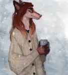 anthro beverage clothing coffee_mug container cup female hair holding_container holding_cup holding_object red_hair snow solo steam sweater topwear whiskers nayshie canid canine mammal hi_res traditional_media_(artwork)