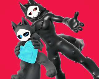 ambiguous_gender anthro black_body black_fur black_goo blue_eyes bone bone_mask chibi dark_body duo fur glowing glowing_eyes heart_eyes heart_symbol mask red_eyes skull skull_mask white_body white_fur white_mask malicekira changed_(video_game) puro_(changed) canid canine canis dark_latex goo_creature mammal wolf 3d_(artwork) 5:4 digital_media_(artwork) hi_res mikumikudance_(artwork)