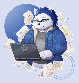 anthro belly_fur blue_hair brown_eyes clothing computer convention_badge electronics eyewear fur glasses hair jacket laptop male paper paws shirt solo t-shirt text topwear white_body white_fur littlehyper canid canine canis domestic_dog mammal nordic_sled_dog samoyed spitz half-length_portrait portrait