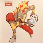 2019 3_fingers alternate_color ambiguous_gender anthro anthrofied athletic athletic_ambiguous athletic_anthro big_nose biped blue_eyes bottomwear clothed clothing crouching energy_ball english_text equid fakemon fighting_pose fingers fire firefightdex flaming_hair flaming_mane foreshortening front_view full-length_portrait generation_5_pokemon glowing grey_body grey_hooves grey_nose hi_res hooved_fingers hooves mammal marco_fanjul marker_(artwork) mixed_media multicolored_body nintendo pants pen_(artwork) perspective pokemon pokemon_(species) pokemorph portrait pose pseudo_hair pseudo_mane red_bottomwear red_clothing red_hooves serious shadow simple_background snout solo spread_legs spreading stare striped_body stripes text toony topless traditional_media_(artwork) two_tone_body white_background wide_stance yellow_body yellow_sclera yellow_stripes zebstrika