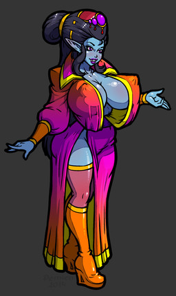 big_breasts breasts cleavage clothed clothing erect_nipples female grey_background huge_breasts nipple_outline nipples not_furry simple_background solo demien humanoid vampire 2014