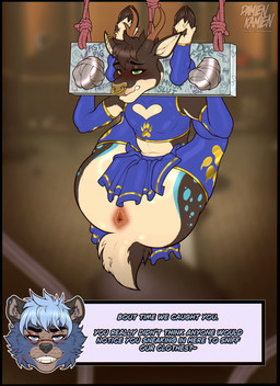 anthro antlers anus arms_tied armwear bdsm black_body black_fur black_hair black_nose blue_body blue_clothing blue_eyes blue_fur blue_hair blush bondage bottomwear bound brown_body brown_fur butt cheerleader cheerleader_outfit clenched_teeth clothed clothing crop_top degradation dirty_talk dominant dominant_anthro dominant_male duct_tape duo ear_piercing ears_back eyebrows facial_piercing facial_scar femboy fur gold_(metal) green_eyes hair half-closed_eyes hands_tied heart_symbol hooves horn humiliation legs_behind_back legs_tied legs_up legwear male male/male markings narrowed_eyes nose_piercing nose_ring piercing pivoted_ears restraints ring_piercing rope scar shirt shy skirt slur smile speech_bubble spots spotted_body spotted_fur spread_legs spreading stocks submissive submissive_anthro submissive_male tail tally_marks tape tape_bondage teeth text topwear damienkamien louis_(rashthefur) thrack badger deer mammal mustelid musteline absurd_res english_text hi_res sequence