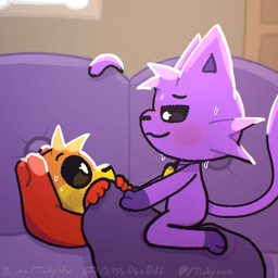 anthro bedding black_eyes blanket blush blush_lines bodily_fluids bone charm_(jewelry) dominant dominant_male duo ears_down ears_up fur furniture hiding jewelry long_ears long_tail lying male necklace on_back on_sofa on_top on_top_of_another orange_body orange_fur pivoted_ears pupils purple_body purple_fur smile smirk smirking_at_another sofa sweat sweatdrop tail under_blanket white_pupils yellow_body yellow_fur tinky mob_entertainment poppy_playtime smiling_critters catnap_(poppy_playtime) dogday_(poppy_playtime) canid canine canis domestic_cat domestic_dog felid feline felis mammal 1:1