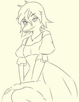 anthro clothed clothing cross cross_necklace crossdressing dress femboy hair jewelry looking_at_viewer male necklace scales short_hair simple_background sitting smile snout solo white_background unknown_artist cavemanon_studios goodbye_volcano_high snoot_game nick_(gvh) baryonyx dinosaur prehistoric_species reptile scalie spinosaurid theropod 2023 black_and_white monochrome