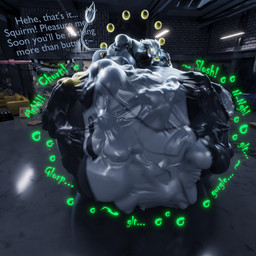 abdominal_bulge anthro anthro_pred belly big_belly digestion fatal_vore glowing glowing_eyes grey_hair grey_tail hair huge_belly lying machine male male_pred mass_vore metallic_body on_front oral_vore rumbling_stomach solo sound_effects struggling struggling_prey tail text vore malunisisos mihoyo zenless_zone_zero banyue_(zenless_zone_zero) felid lion mammal pantherine robot_anthro 1:1 2025 3d_(artwork) digital_media_(artwork) english_text hi_res