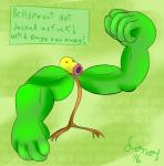 abstract_background ambiguous_gender muscular muscular_ambiguous muscular_humanoid not_furry plant solo text what why sonomatic nintendo pokemon bellsprout elemental_creature flora_fauna generation_1_pokemon humanoid pokemon_(species) 2016 hi_res