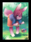 ambiguous_gender anthro artificial_turf basket black_border blue_eyes border bottomwear clothing container detailed_background easter_basket easter_egg forest grass hair holidays outside pink_hair plant shirt shorts solo tail topwear tree rudragon easter lagomorph leporid mammal rabbit absurd_res hi_res