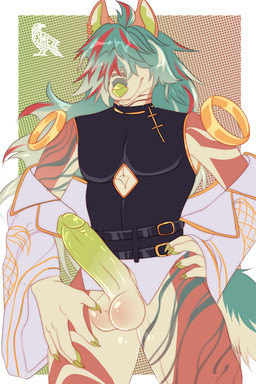 anthro arm_markings armwear balls balls_blush belt biped blush body_blush border claws clothed clothing cutout detached_sleeves ear_piercing erection facial_markings fur genitals green_markings green_nose green_penis hair hair_over_eyes hand_on_hip head_markings highlights_(coloring) leg_markings looking_at_viewer male markings penis piercing red_highlights shoulder_markings shoulder_ring smile solo thigh_markings tight_clothing tight_topwear tight_vest topwear yellow_claws omez ashenti digital_media_(artwork) halftone portrait three-quarter_portrait