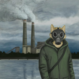 ambiguous_gender anthro clothing cloud fur gas_mask green_clothing green_jacket green_topwear industrial_architecture jacket mask outside overcast sky smokestack solo tan_body tan_fur topwear water wearing_mask avianvevo canid canine mammal 1:1 hi_res