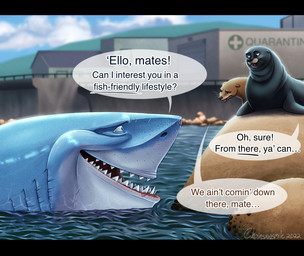 black_body black_fin blue_body blue_eyes brown_body brown_fin building dialogue feral gills group hospital house male rock sea shark_teeth speech_bubble talking_feral text trio water whiskers chainsxwsmile disney finding_dory finding_nemo pixar bruce_(finding_nemo) fluke_(finding_dory) rudder_(finding_dory) aquatic california_sea_lion fish great_white_shark mackerel_shark mammal pinniped sea_lion shark white_shark 2022 better_version_at_source english_text watermark