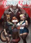 2015 anthro big_breasts blonde_hair bottomwear bra breast_size_difference breasts brown_hair canid canine canis charm_(chochi) chochi choker cleavage clipboard clothed clothing collar comic cover cover_art cover_page curvy_figure digital_media_(artwork) dipstick_tail domestic_dog english_text eyewear fangs female fox glasses group hair heart_symbol hi_res hourglass_figure huge_breasts jewelry leg_markings looking_at_viewer lovely_pets lyza_dagger male mammal markings mike_blade miniskirt necklace pink_eyewear pink_sunglasses shirt skirt smile socks_(marking) sunglasses tail tail_markings tank_top teeth text topwear underwear vest wide_hips wolf yellow_eyes