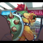 anthro beverage beverage_can bracelet collar detailed_background hair horn jewelry male red_hair shell soda solo spiked_bracelet spiked_collar spikes spikes_(anatomy) store text gimmepeas mario_bros monster_energy nintendo bowser koopa scalie english_text hi_res