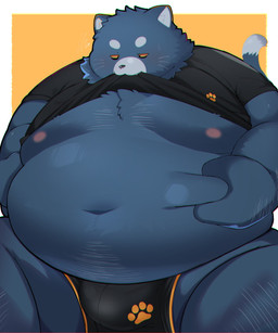 anthro belly big_belly bulge clothed clothing clothing_lift kemono male moobs navel nipples overweight overweight_male shirt shirt_lift simple_background solo topwear underwear trail_arnak domestic_cat felid feline felis mammal 2026 hi_res