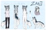 alternate_species anthro anthrofied biped blue_body blue_eyes blue_fur bottomwear clothed clothing female feral fur hair humanized long_hair multicolored_hair multiple_forms nude off/on pants shirt side_view simple_background smile solo standing text topwear white_body white_fur white_hair taykoe zhai_kovac canid canine fox human mammal 2014 model_sheet