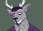 anthro antlers black_hair clothing dark_eyes eyeshadow fur grey_body grey_fur hair horn inner_ear_fluff makeup male purple_clothing shirt solo spots topwear tuft white_spots tool_biscuit dex cervine deer mammal sika_deer buck_(disambiguation)