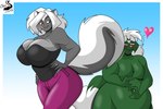 anthro belly big_belly big_breasts black_clothing black_shirt black_topwear blush bottomwear breasts cheek_tuft clothed clothed_female clothing curvy_figure duo eyebrows facial_tuft female flirting fur glistening glistening_belly glistening_body glistening_fur glistening_moobs green_body green_fur grey_body grey_fur hair heart_symbol looking_back male markings moobs multicolored_body narrowed_eyes nude_male obese overweight pants pink_bottomwear pink_clothing pink_nose pink_pants shirt tail_seduction thick_eyebrows thick_thighs topwear tuft two_tone_body voluptuous white_body white_eyebrows white_fur white_hair white_markings wide_hips chrisandcompany chris_t._snuggleskunk kelsey_sienna mammal mephitid skunk hi_res