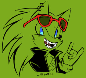 anthro blue_eyes clothing devil_horns_(gesture) ear_piercing ear_ring eyewear fur gesture gloves green_background green_body green_fur hand_gesture handwear jacket male open_mouth piercing ring_piercing sharp_teeth simple_background solo sunglasses teeth topwear spacecolonie archie_comics sega sonic_the_hedgehog_(archie) sonic_the_hedgehog_(comics) sonic_the_hedgehog_(series) scourge_the_hedgehog eulipotyphlan hedgehog mammal 2015