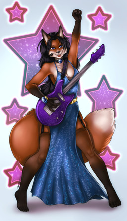anthro black_hair blue_clothing blue_dress bracelet breasts choker claws cleavage clothed clothing dipstick_tail dress electric_guitar female finger_claws gloves_(marking) guitar hair jewelry leg_markings legwear markings multicolored_tail music musical_instrument necklace playing_guitar playing_music plucked_string_instrument rock_(genre) slit_dress socks_(marking) solo stockings string_instrument tail tail_markings thigh_highs toe_claws translucent translucent_clothing translucent_legwear translucent_stockings spookable cassie_the_rock_vixen canid canine fox mammal absurd_res hi_res