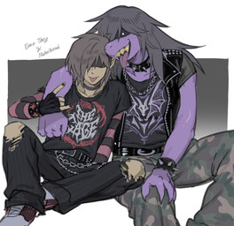 ambiguous_gender ambiguous_human anthro arm_around_shoulders band_shirt belt black_bottomwear black_clothing black_gloves black_handwear black_pants black_shirt black_topwear bottomwear bracelet brown_hair camo camo_bottomwear camo_clothing camo_pants camo_print chain clothing collar devil_horns_(gesture) duo female fingerless_gloves fist footwear freckles front_view gesture gloves hair hair_over_eyes hand_gesture handwear jacket jewelry leather leather_clothing leather_jacket leather_topwear pants pattern_bottomwear pattern_clothing pattern_pants purple_body purple_scales scales sharp_teeth shirt shoes sitting spiked_bracelet spiked_collar spikes teeth text tongue tongue_out topwear ttudolee deltarune undertale_(series) kris_dreemurr susie_(deltarune) human mammal scalie 2025 english_text hi_res nonbinary_(lore)