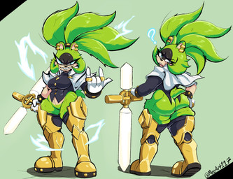 abs anthro armored_boots big_butt big_hair boots bottomless breasts butt clothed clothing cosplay crossover_cosplay devil_horns_(gesture) ear_piercing electricity electricity_manipulation elemental_manipulation eyelashes featureless_crotch female footwear fur gesture green_background green_body green_fur green_hair grin hair hand_gesture holding_melee_weapon holding_object holding_weapon leg_armor looking_at_viewer looking_back melee_weapon muscular muscular_anthro muscular_female narrowed_eyes pantsless piercing ponytail pose question_mark scut_tail sharp_teeth shoes short_tail simple_background smile solo squish sword tail teeth text thick_thighs thigh_squish tied_hair weapon wide_hips meeart117 idw_publishing pseudoregalia sega sonic_the_hedgehog_(comics) sonic_the_hedgehog_(idw) sonic_the_hedgehog_(series) surge_the_tenrec sybil_(pseudoregalia) afrosoricid mammal tenrec artist_name crossover full-length_portrait hi_res portrait signature