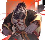 abs anthro chest_scar cuff_(restraint) exposed_chest facial_scar fist handcuffs looking_at_viewer male metal_cuffs multiple_scars pecs red_eyes restraints scar solo mole_hm sdorica yao_(sdorica) felid mammal pantherine tiger hi_res