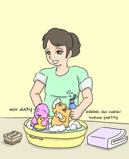 ambiguous_feral ambiguous_gender baby_talk bathing_together bowl brush clothed clothed_human clothing container dialogue eye_contact eyelashes eyes_closed female female_human feral foam fur green_clothing green_topwear grey_eyes grey_hair hair happy holding_object holding_toy light_body light_skin looking_at_another monotone_body monotone_fur neonate open_mouth orange_body orange_fur partially_submerged pink_body pink_fur rolled_up_sleeves rubber_duck simple_background smile soap text topwear towel toy young young_ambiguous young_feral carpdime fluffy_pony fluffy_pony_(species) human mammal digital_media_(artwork) english_text hi_res