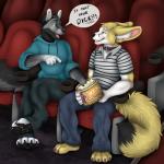 anthro claws clothed clothing collar dialogue duo food fur male male/male movie_theater penis_in_popcorn popcorn public smile surprise teeth text tongue staggard canid canine fennec_fox fox mammal true_fox 1:1 2015 digital_media_(artwork) english_text hi_res