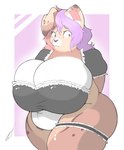 anthro belly big_breasts breasts clothing female huge_breasts impressed looking_away maid_uniform navel overweight overweight_anthro overweight_female solo thick_thighs uniform swolptr canid canine canis domestic_dog mammal hi_res