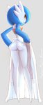 amber_eyes asekeu blue_hair butt clothed clothing clothing_lift collaboration colored dress dress_lift female gardevoir generation_3_pokemon genitals grey_background hair hi_res long_legs looking_back napalm_express nintendo no_underwear not_furry pokemon pokemon_(species) pokemorph pussy rear_view shiny_pokemon simple_background solo