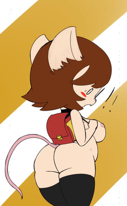 anthro backpack big_breasts blush breast_expansion breasts brown_hair butt clothing exclamation_point expansion eyewear female glasses hair legwear mostly_nude nipples o_o open_mouth randoseru shocked simple_background slightly_chubby solo stockings vono red_(vono) mammal mouse murid murine rodent hi_res