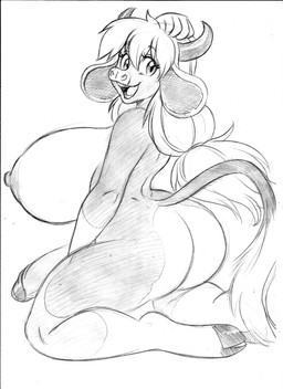 anthro bangs big_breasts big_penis breasts butt genitals gynomorph hair hand_on_head hooves huge_breasts intersex kneeling looking_back nipples open_mouth penis ponytail side_boob smile solo chochi bovid bovine cattle mammal 2023 absurd_res black_and_white graphite_(artwork) greyscale hi_res monochrome sketch traditional_media_(artwork)