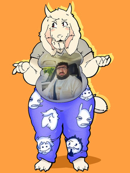 3_toes 4_fingers anthro bottomwear breasts clothed clothing eyebrows feet female fingers floppy_ears fur horn long_ears mature_anthro mature_female orange_background overweight overweight_anthro overweight_female pants real red_eyes shirt simple_background solo standing sweatpants t-shirt thick_thighs toes topwear white_body white_fur nonientalz oney_plays undertale_(series) armenian_cory chris_o'neill cory_beck ding_dong julian_marcel toriel zach_hadel boss_monster_(undertale) bovid caprine human mammal full-length_portrait hi_res portrait