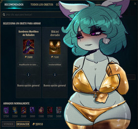 armwear big_breasts bikini blush bodily_fluids breasts clothing elbow_gloves female gameplay_mechanics gloves gold_bikini green_hair hair handwear huge_breasts legwear not_furry solo sweat swimwear text thigh_highs two-piece_swimsuit kindrose golden_week league_of_legends riot_games tencent vex_(lol) humanoid yordle absurd_res hi_res spanish_text