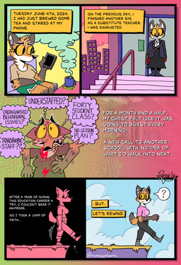 anthro beverage clothed clothing gynomorph intersex question_mark solo stress tea text yellow_sclera romecartoons canid canine fox mammal absurd_res comic english_text hi_res trans_(lore) trans_woman_(lore)