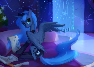 blue_body blue_feathers blue_fur blue_hair castle clothing curtains cutie_mark diagram feathered_wings feathers female feral footwear fur hair horn inside legwear long_hair looking_at_viewer looking_back pillow plant reading scroll socks solo tassels teal_eyes voynich_manuscript wings bonehoard friendship_is_magic hasbro my_little_pony mythology princess_luna_(mlp) equid equine mammal mythological_creature mythological_equine winged_unicorn 2014 hi_res