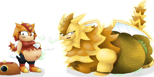 anthro armor belly big_belly breasts clothing female gloves handwear headgear helmet huge_belly overweight simple_background solo weight_gain white_background wings yellow_body nightmarebros shweetmagnet mythology sega sonic_superstars sonic_the_hedgehog_(series) trip_(dragon_form) trip_the_sungazer dragon girdled_lizard lizard mythological_creature mythological_scalie reptile scalie sungazer_(lizard) 2023 absurd_res hi_res