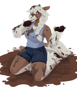 anthro blue_bottomwear blue_clothing blue_shorts blue_topwear bottomwear brown_body brown_fur clothed clothing eyelashes female fur glistening glistening_eyes green_eyes hair i_can't_believe_it's_not_feces kneeling looking_at_viewer mud narrowed_eyes open_mouth open_smile shorts simple_background smile solo topwear unsigned white_background white_body white_fur white_hair corzh77 hazel_(muddyleafeon) equid equine horse mammal absurd_res full-length_portrait hi_res portrait