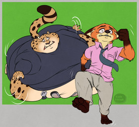 4_fingers anthro arm_tuft black_markings blue_necktie butt chubby_cheeks claws clothing collared_shirt elbow_tuft fat_folds feet finger_claws fingers fur green_background group khaki_pants male markings morbidly_obese morbidly_obese_anthro morbidly_obese_male motion_lines multicolored_body multicolored_fur necktie obese obese_anthro obese_male overweight overweight_anthro overweight_male pink_dress_shirt pockets rolling running scared shirt simple_background size_difference smothering smushed spots toe_claws topwear trio tuft basicbiscuit disney zootopia benjamin_clawhauser judy_hopps nick_wilde canid canine cheetah european_rabbit felid feline fox lagomorph leporid mammal oryctolagus rabbit red_fox true_fox hi_res