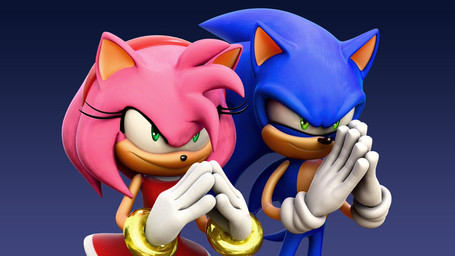 blue_hair clothing dress duo female gloves green_eyes hair handwear male pink_hair hunicrio sega sonic_the_hedgehog_(series) amy_rose sonic_the_hedgehog eulipotyphlan hedgehog mammal 16:9 3d_(artwork) digital_media_(artwork) widescreen
