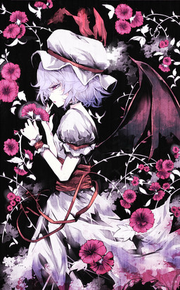 alternative_fashion blue_hair bonnet bottomwear clothed clothing female flower goth gothic_lolita hair hat headgear headwear holding_object j-fashion lolita_(fashion) membrane_(anatomy) membranous_wings mobcap not_furry open_mouth plant red_eyes rose_(flower) shirt short_hair skirt solo topwear victorian_goth wings uni_(bom19850101) touhou remilia_scarlet humanoid vampire hi_res