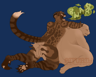 abdominal_bulge anthro arched_back athletic balls belly big_balls big_belly_button body_outline brown_body brown_fur bulge bulge_from_behind burp_cloud burping curled_up dark_face duo face_pattern facial_markings fur genitals head_markings horn light_belly lying lying_on_ground male markings on_front on_ground open_mouth oral_vore pawpads paws pupils red_eyes sad saggy_balls scared spots striped_body striped_fur striped_markings striped_tail stripes tail tail_markings tan_belly toned_male toned_muscles tongue tongue_out vore yellow_pupils sipurim edward_welfrolfo animal_humanoid cougar felid felid_humanoid feline feline_humanoid humanoid mammal mammal_humanoid pantherine