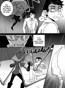 antennae_(anatomy) bald black_hair boots bottomwear clothed clothing coat dialogue duo footwear gloves hair handwear male not_furry raining sharp_teeth shoes speech_bubble teeth text topwear umbrella inimoose invader_zim nickelodeon zim_(invader_zim) alien alien_humanoid human humanoid irken mammal comic digital_media_(artwork) english_text hi_res monochrome