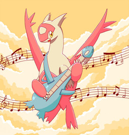 butt claws cloud dusk electric_guitar eon_duo female feral guitar legendary_duo looking_at_viewer music musical_instrument open_mouth outside playing_guitar playing_music plucked_string_instrument shadow sky smile solo string_instrument yellow_eyes magnet_(artist) nintendo pokemon generation_3_pokemon latias latios legendary_pokemon pokemon_(species) 2015