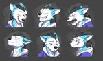 anthro black_hair blue_body blue_clothing blue_eyes blue_fur blue_hoodie blue_topwear blush bodily_fluids clothing countershading crying ears_back expressions eyes_closed fur hair hoodie looking_down male one_eye_closed open_mouth pink_tongue pivoted_ears ponytail smile solo tears teeth tongue topwear wink yelling temiree utau rou_kemonone canid canine canis mammal wolf 2018 bust_portrait expression_sheet multiple_images portrait