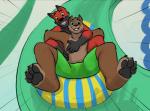 amusement_park anthro clothing duo excited male swimming_trunks swimwear tubing_(recreation) water water_park jackaloo blaze_wolf jesse_cat canid canine canis domestic_cat felid feline felis mammal wolf hi_res