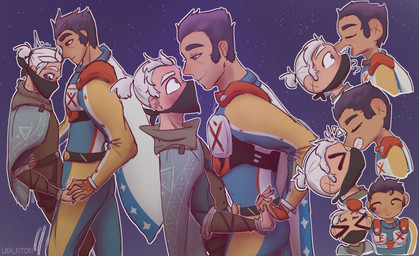 bite biting_another cape cloak clothing duo gloves hands_together handwear hero human_only male male/male mask night not_furry romantic romantic_couple shy sky wearing_mask lien_kitoki my_time_at_sandrock human mammal comic hi_res