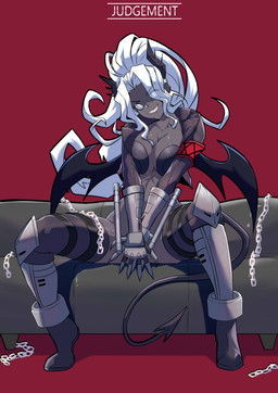 5_fingers armband big_breasts black_horn boots breasts broken_chain brown_body brown_skin chain claws cleavage clothed clothing covering covering_crotch covering_self female fingers footwear furniture hair horn legwear long_hair looking_at_viewer membrane_(anatomy) membranous_wings metal_claws no_underwear not_furry ponytail red_background sharp_teeth shoes simple_background sitting smile sofa solo spade_tail tail teeth text thigh_highs white_eyes white_hair wings torahime helltaker judgement_(helltaker) demon demon_humanoid humanoid absurd_res english_text hi_res