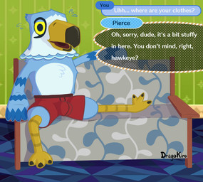 anthro beak blue_body blue_feathers bodily_fluids boxer_briefs bulge clothed clothing dialogue dialogue_box feathers feet furniture inside looking_at_viewer lounging male open_mouth partially_clothed red_clothing sofa solo speech_bubble sweat talking_to_viewer talons text toes underwear dragokiro animal_crossing nintendo pierce_(animal_crossing) accipitrid accipitriform avian bird eagle english_text hi_res signature