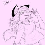 anthro clothed clothing dutch_angle female fully_clothed gesture hand_gesture happy looking_at_viewer simple_background smile solo v_sign dani86 canid canine fox mammal red_fox true_fox 1:1 hatching_(art) hi_res monochrome shaded sketch